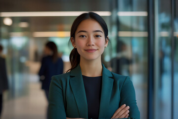 Obraz premium a confident businesswoman stands in an office building,