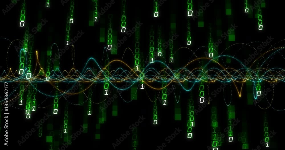 Aufkleber binary code and wave patterns intertwining in digital data processing animation