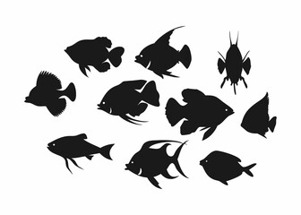 Set of Diverse Fish Silhouettes Against a Clean Background