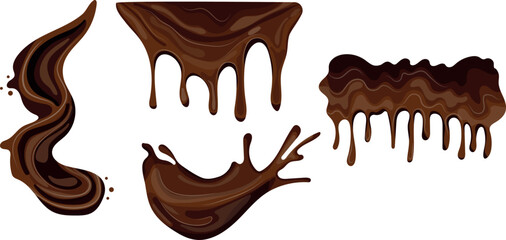 set of melted dark chocolate in various shapes and in different states, for various backgrounds or as part of a design
