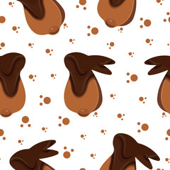 seamless pattern with gingerbread cookies in the shape of a rabbit with small ears and a round tail and covered with dark chocolate, for various Easter decorations