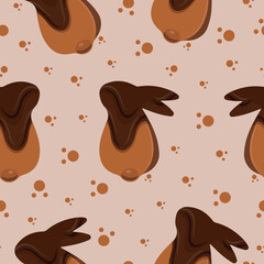seamless pattern with gingerbread cookies in the shape of a rabbit with small ears and a round tail and covered with dark chocolate on a brown background, for various Easter decorations