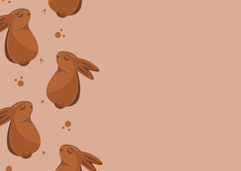 poster with gingerbread cookies in the shape of a rabbit with small ears and a round tail and covered in dark chocolate on a brown background, for various Easter decorations