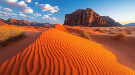 Naklejka premium Dramatic desert landscape at golden hour. Desert dunes, sandstone rock formations, and a vibrant sky meet