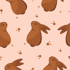 seamless pattern with gingerbread cookies in the shape of a rabbit with small ears and a round tail on a brown background, for various Easter decorations