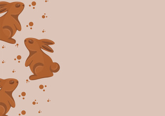 poster with gingerbread cookies in the shape of a rabbit standing on its hind legs and looking up with crumbs on a brown background, for Easter decorations and backgrounds