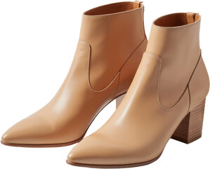 Pair of tan leather ankle boots with transparent background