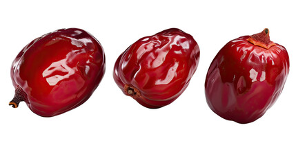 Ruby Red Delights: Three plump, glistening dates sit in a row, a testament to nature's sweet bounty. Capturing their rich color and texture.