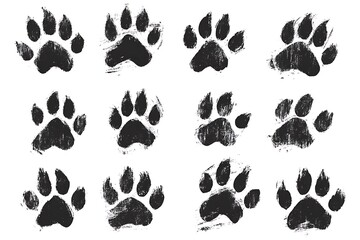 Monochrome Seamless Pattern of Distressed Bear Paw Prints on White Backdrop
