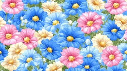 Seamless pattern of pastel blue, pink, and cream cosmos flowers.