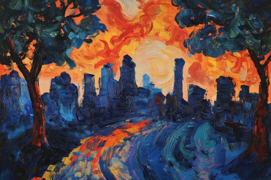 Impasto city skyline silhouetted against a brilliant sunset backdrop.
