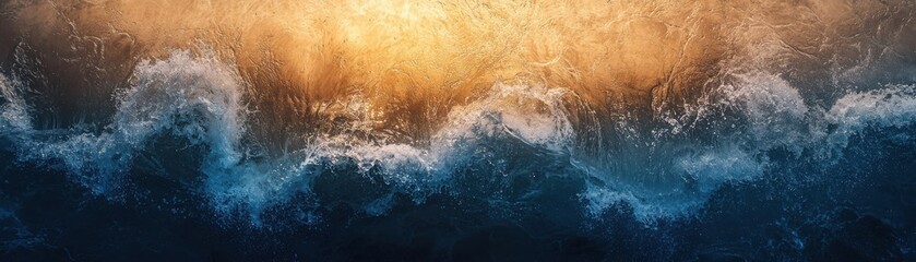 Fototapeta premium A stunning abstract image of ocean waves illuminated by a warm, golden light, capturing the beauty and movement of water.