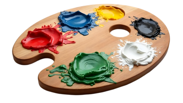 palette with paints and brushes