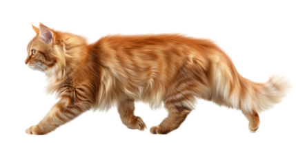 Majestic Ginger Cat on the Move: A striking ginger cat with a long, flowing coat gracefully strides across the frame, embodying elegance and poise.