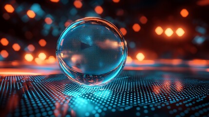 Futuristic glass sphere on glowing surface.
