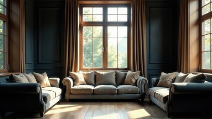 Obraz premium Serene Living Room with Luxurious Sofas and Abundant Natural Light Through Large Windows