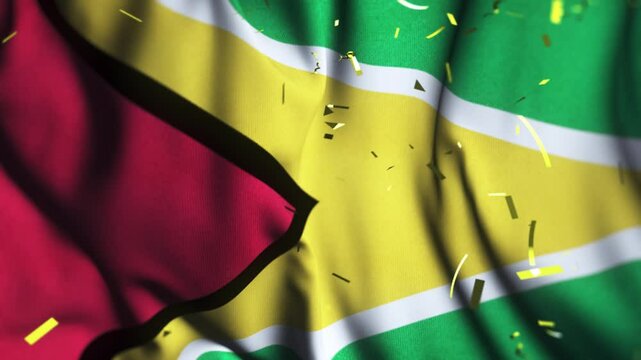 Waving Guyana Flag with Confetti – Independence Celebration