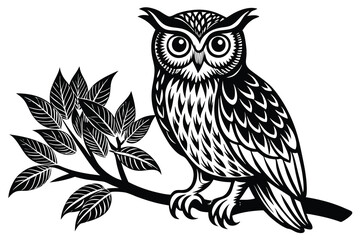 an owl sitting on a branch on a white background, isolated white background