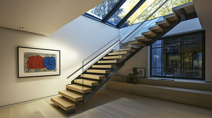 Fototapeta premium A staircase with a glass railing leading to a balcony. AI Generated
