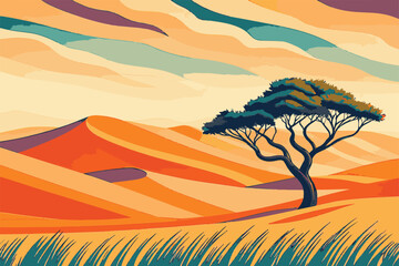 Sand dunes and rolling hills with desert trees a scenic landscape in EPS and vector format. Vibrant Desert Landscape with Lone Tree and Colorful Skies