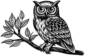 an owl sitting on a branch on a white background, isolated white background