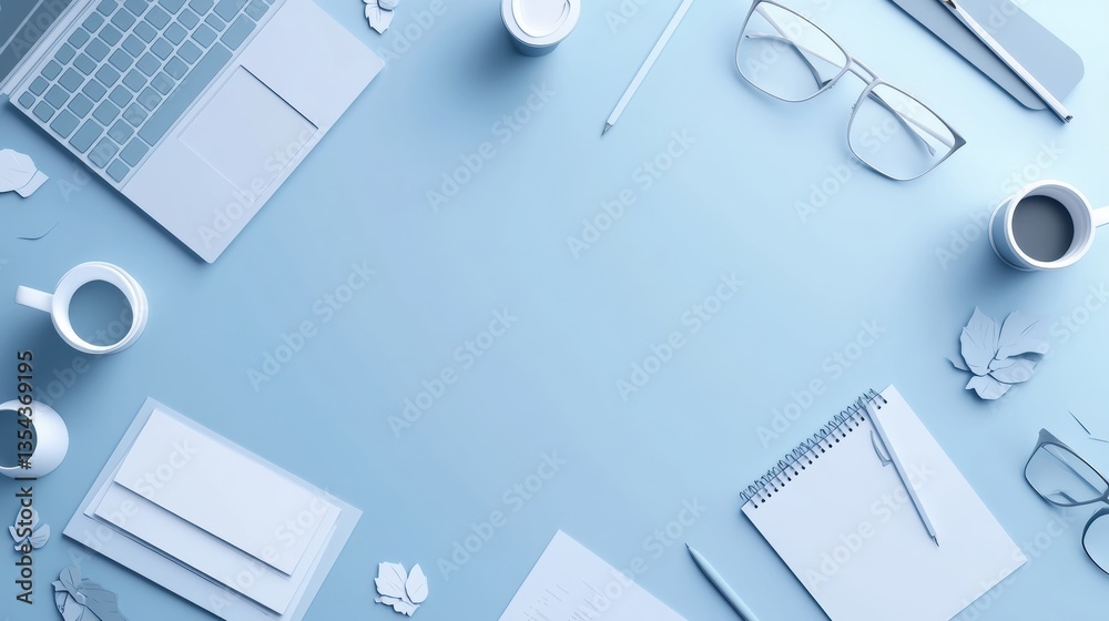 Poster clean and professional paper art background featuring office elements arranged in a 3d paper cut sty