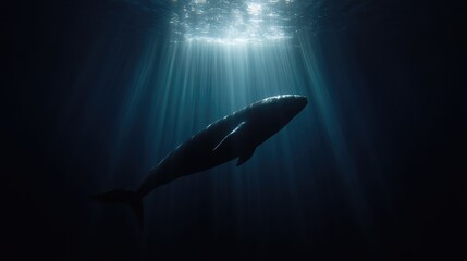 Majestic whale silhouette in deep ocean light