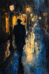 Obraz premium Man walking alone under streetlights at night.