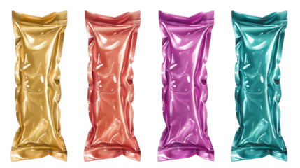 Vibrant Packaging Array: A collection of eye-catching vacuum-sealed packages, each showcasing a different bold color and designed to preserve contents