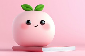 Cute pink fruit character on a book