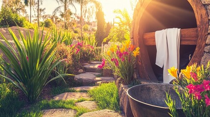 Obraz premium Outdoor spa relaxation towel, stone path, garden, sunset