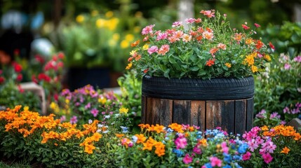 Fototapeta premium Colorful flower bed with recycled tire planter. 