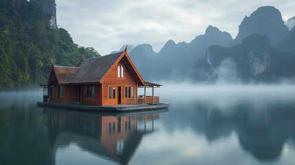 Obraz premium floating Thai house in tranquil lagoon with misty mountains