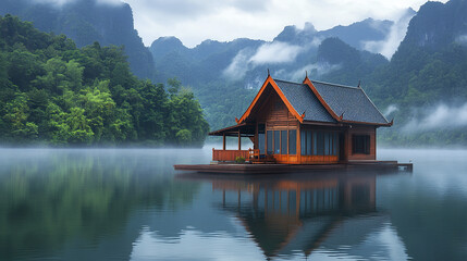 Obraz premium floating Thai house in tranquil lagoon with misty mountains