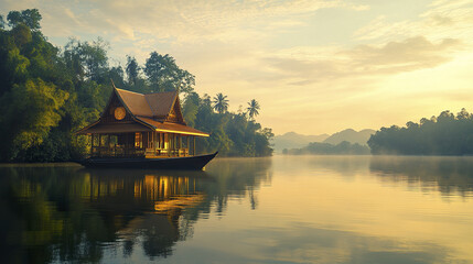 Obraz premium serene Thai houseboat floats on tranquil river at sunrise