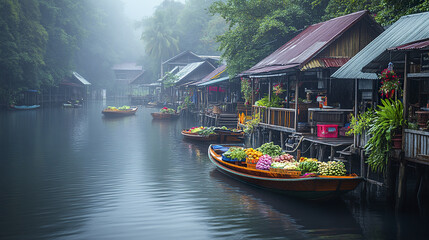 Obraz premium Floating market scene with wooden stilt houses and vibrant produce