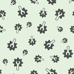 Wrench with cogwheel gear solid seamless pattern, repair service theme. Vector graphics. Mechanic tool, custom settings sign background, filled with glyphs icon.