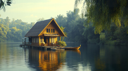 Fototapeta premium serene floating Thai riverside house with wooden stilts and lush greenery