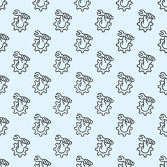 Gear with wrench in hand line seamless pattern, repair service theme. Vector graphics. Human hand with wrench in cogwheel sign with background, repeat line icon.