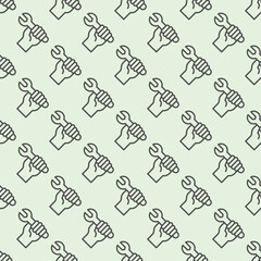 Wrench in hand line seamless pattern, repair service theme. Vector graphics. Human hand with wrench sign with background, repeat line icon.