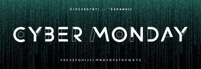 Cyber Monday glowing text with futuristic digital font on binary code background. Neon tech sale concept for e-commerce, shopping, advertising banner. Matrix glitch style. Vector illustration