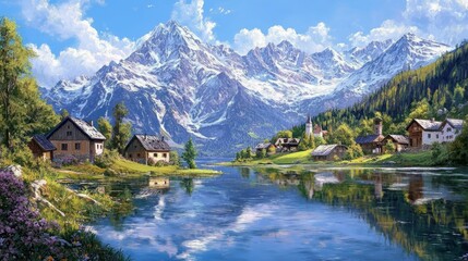 Snowy mountain lake houses reflect blue sky.