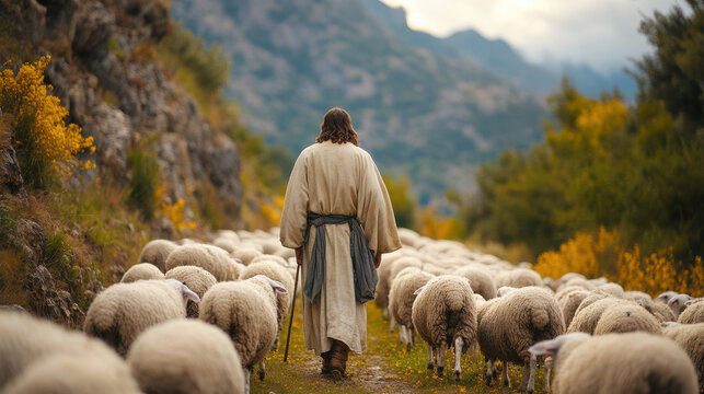 Back view of Jesus Christ, good shepherd and flock of sheep.