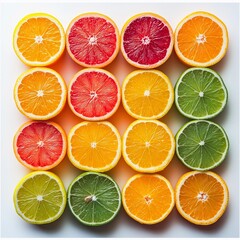 Fototapeta premium Colorful citrus fruit slices arranged in a grid on a white background 
