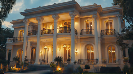 Fototapeta premium Elegant French Colonial mansion with grand columns and warm lighting