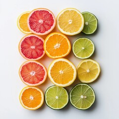 Obraz premium Colorful Citrus Slices Arranged on White Background 