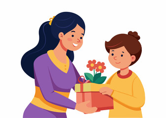 A heartwarming illustration of a boy giving a bouquet of flowers to his mother.