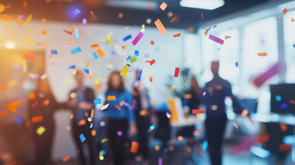 Colorful confetti falling in a modern office space during a company celebration, teamwork, and achievement concept.
