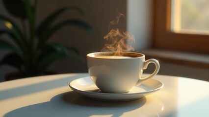 Fototapeta premium Warm Morning Beverage Steaming in a White Cup on a Table Near a Window