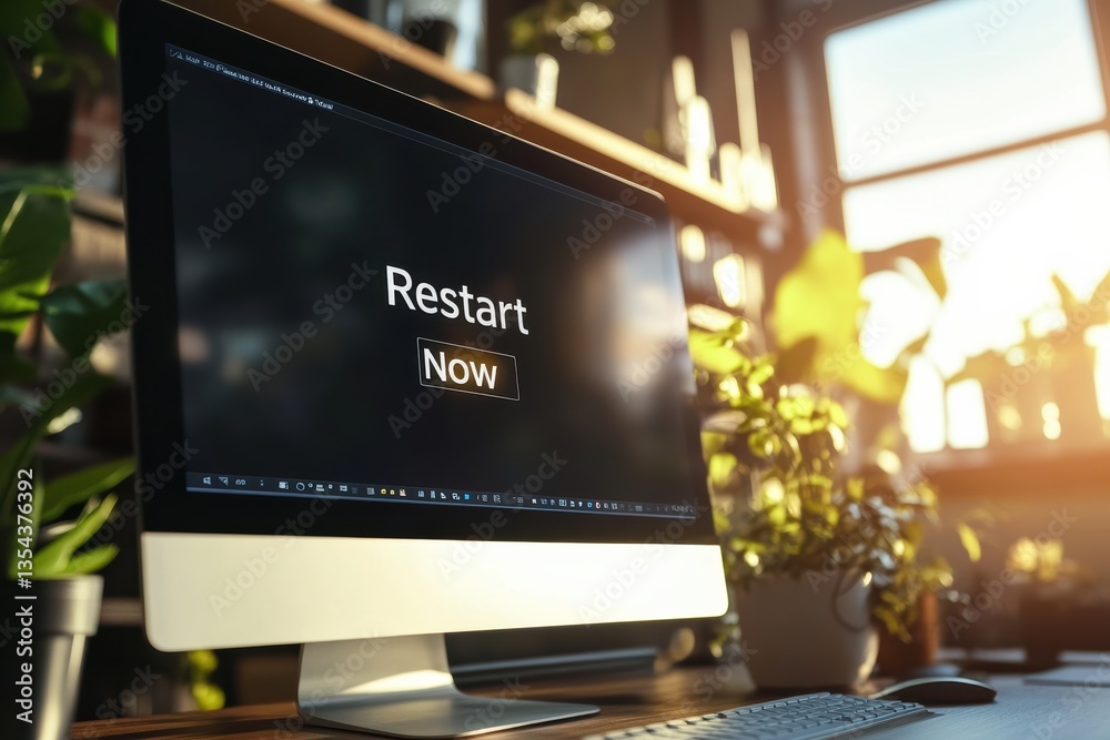 Poster close-up of a computer screen showing a restart prompt with sunlight illuminating the workspace